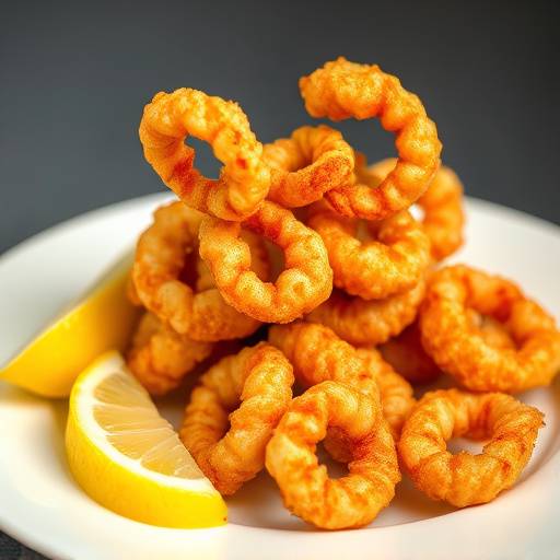 Calamares fritos crujientes servidos con rodajas de lim&oacute;n fresco en un plato blanco.
