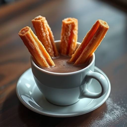 Churros crujientes con chocolate caliente espeso, servidos en una taza de porcelana.