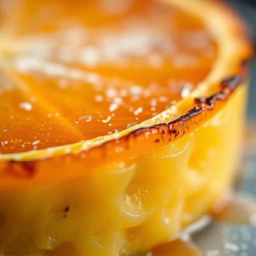 Crema catalana quemada con una capa de az&uuml;car caramelizado crujiente, decorada con piel de naranja confitada.