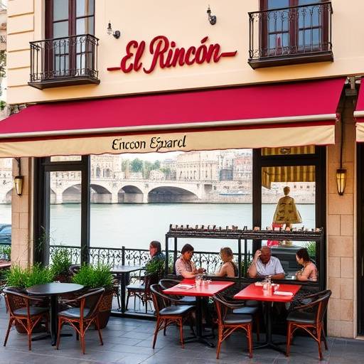 Fachada del restaurante El Rinc&radic;&ge;n Espa&radic;&plusmn;ol en la Calle Betis de Sevilla, mostrando mesas al aire libre y vistas al r&radic;&ne;o Guadalquivir