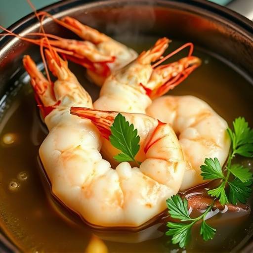 Gambas al ajillo servidas en una cazuela de barro, con aceite burbujeante y perejil fresco.