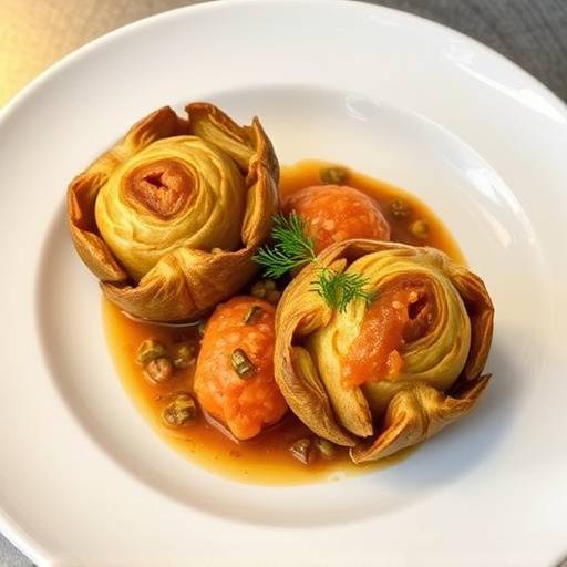 Imagen de un plato de alcachofas fritas con salmorejo.
