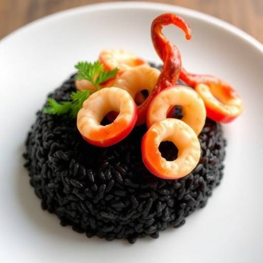 Imagen de un plato de arroz negro con calamares.