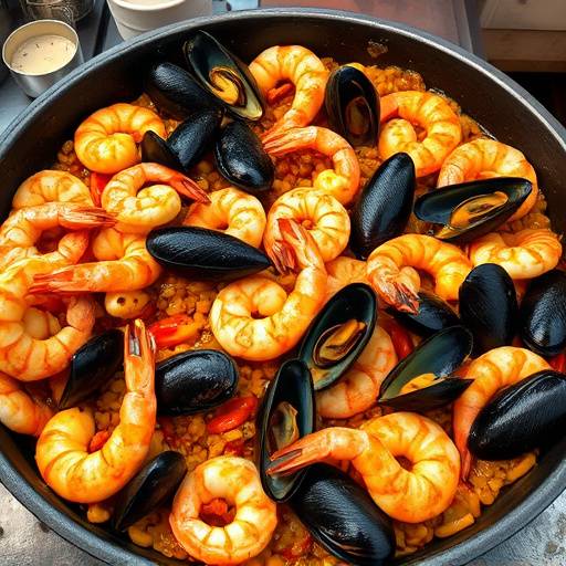 Paella de mariscos rebosante de mejillones, gambas, calamares y arroz, cocinada en una paellera tradicional.