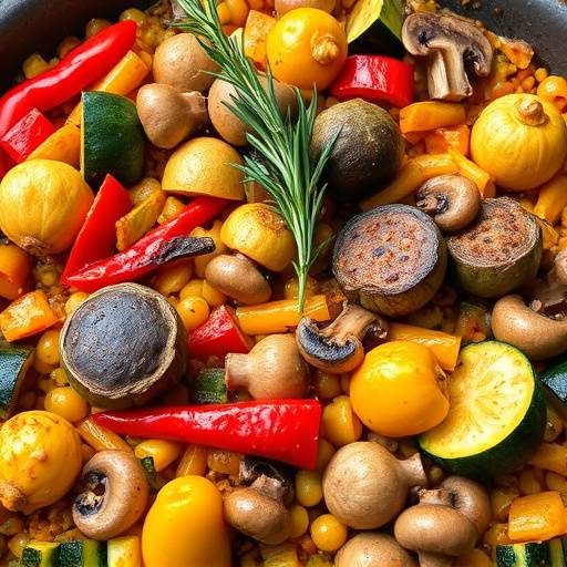 Paella de verduras con alcachofas, pimientos, champi&ntilde;ones y calabac&iacute;n, adornada con ramitas de romero fresco.