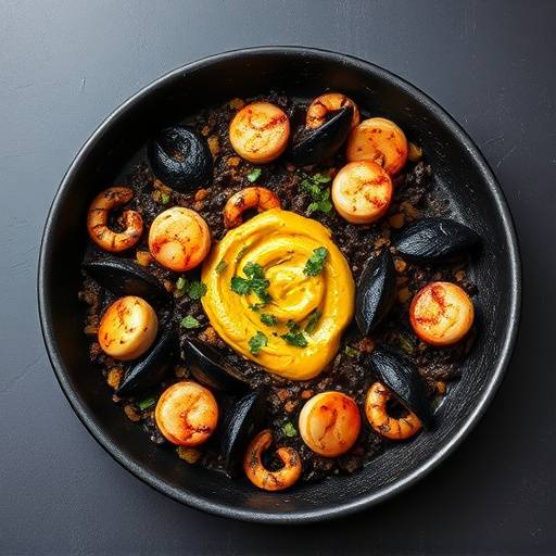 Paella negra con calamares en su tinta y alioli, servida en una paellera de acero inoxidable.