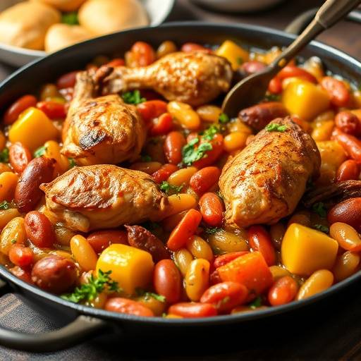 Paella valenciana tradicional con pollo, conejo, jud&iacute;as verdes y garrof&oacute;, cocinada a fuego lento en una paellera.