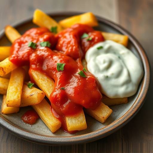 Patatas bravas con salsa brava roja brillante y alioli blanco cremoso, servidas en un plato r&uuml;stico.