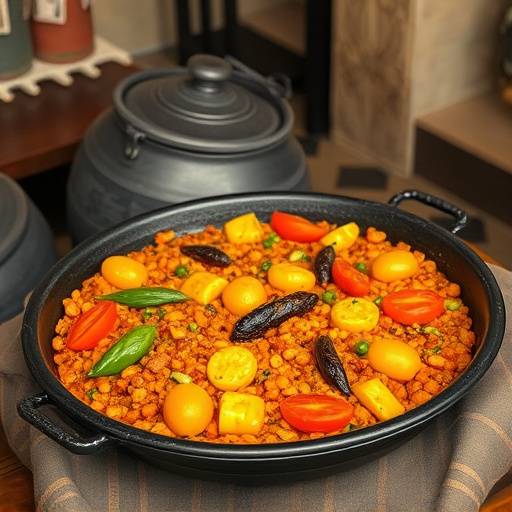 Un plato de paella valenciana servida en una paellera tradicional