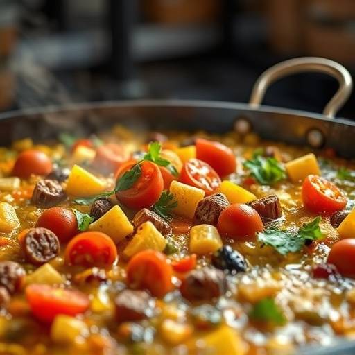 Una deliciosa paella valenciana servida en una paellera tradicional.